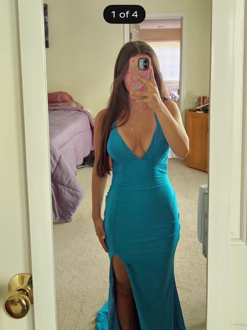 Jessica Angel Sleeveless Teal V‑Neck Evening Dress with Side Slit